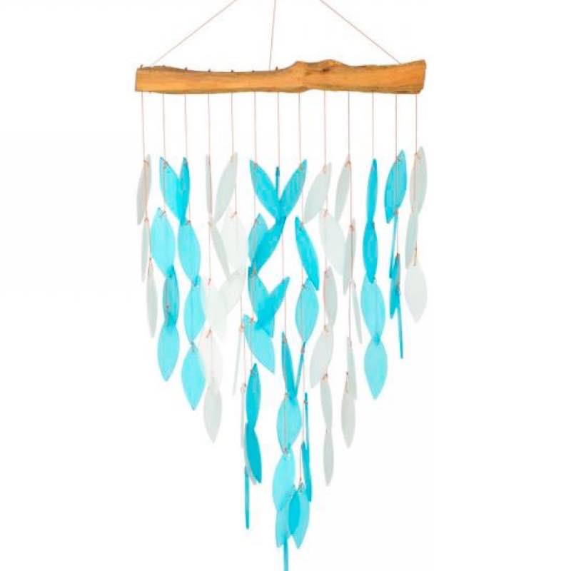 Large Glass Leaves on Driftwood Chime - Blue